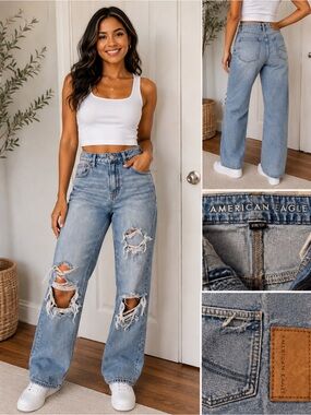 American Eagle Outfitters Light Blue Distressed Wide-Leg Jeans